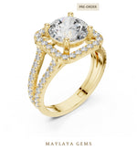 Load image into Gallery viewer, Maylaya Gems round square halo split shank lab-grown diamond ring in yellow gold
