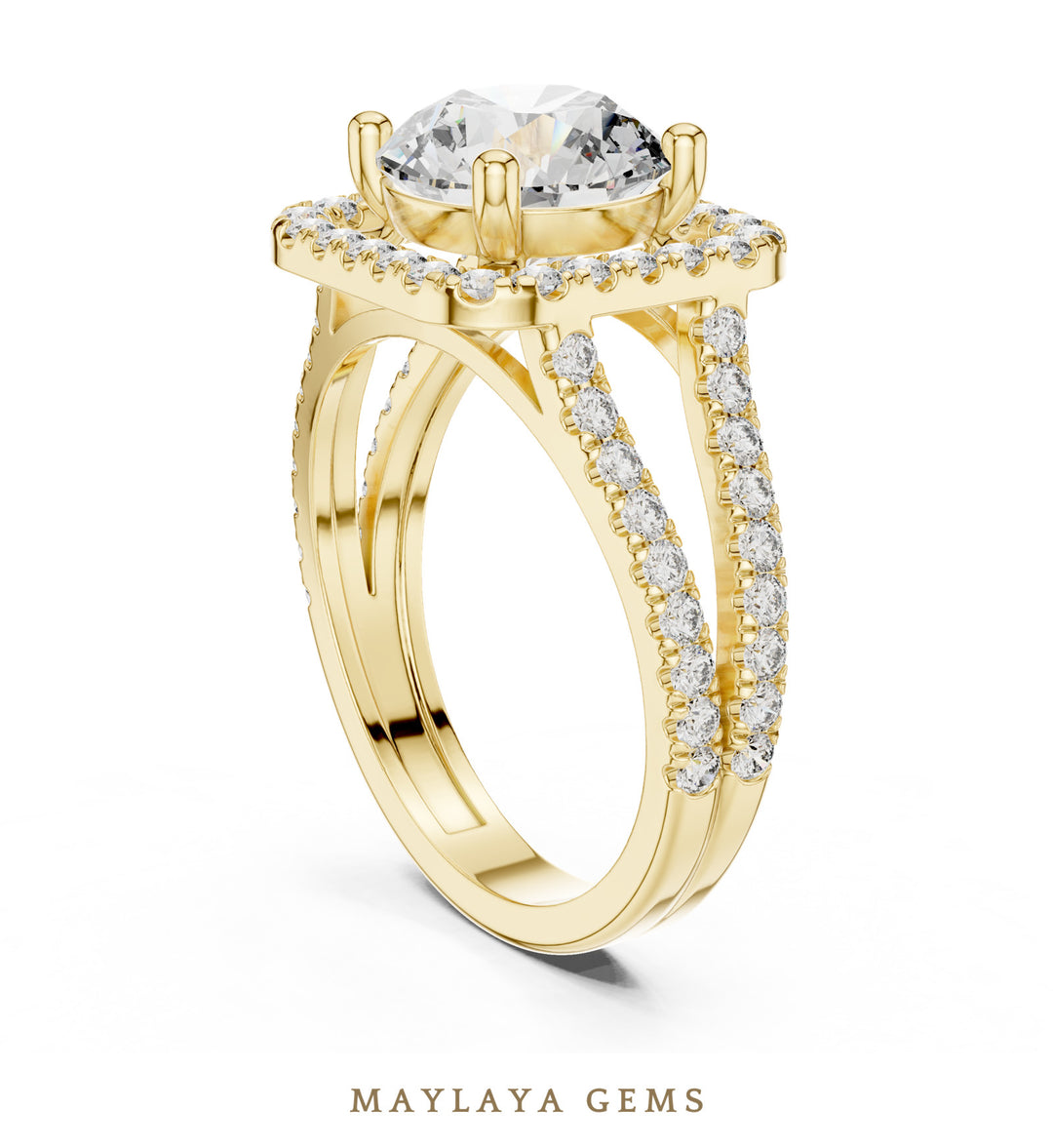 Maylaya Gems round square halo split shank lab-grown diamond ring in yellow gold