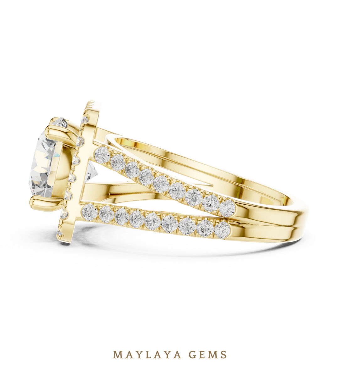 Maylaya Gems round square halo split shank lab-grown diamond ring in yellow gold