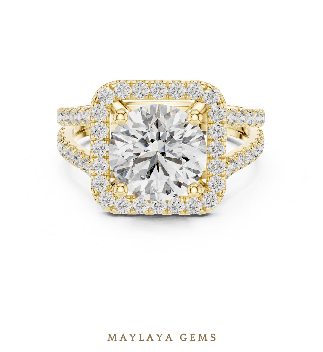 Maylaya Gems round square halo split shank lab-grown diamond ring in yellow gold