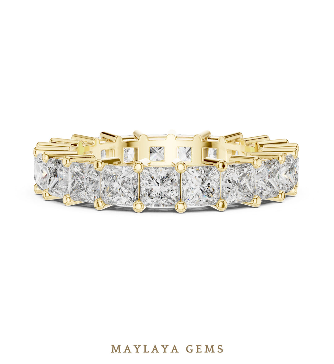 Maylaya Gems princess shared prong eternity band lab-grown diamond band in yellow gold