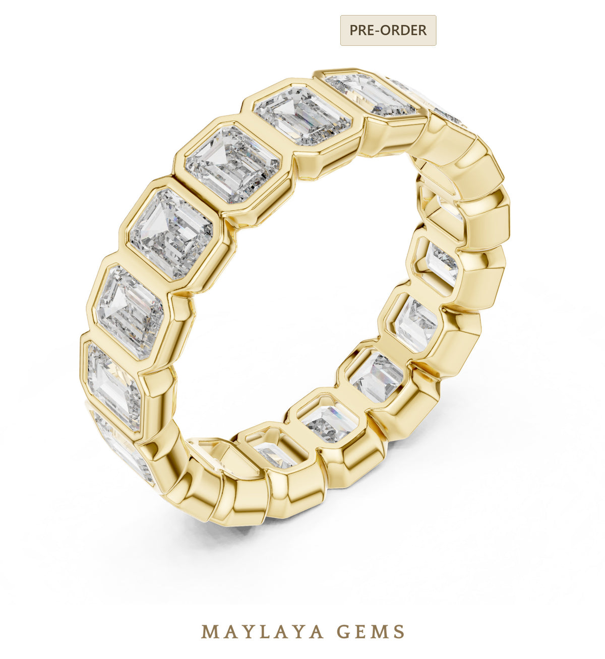 Maylaya gems emerald bezel eternity band lab grown diamond band in yellow gold