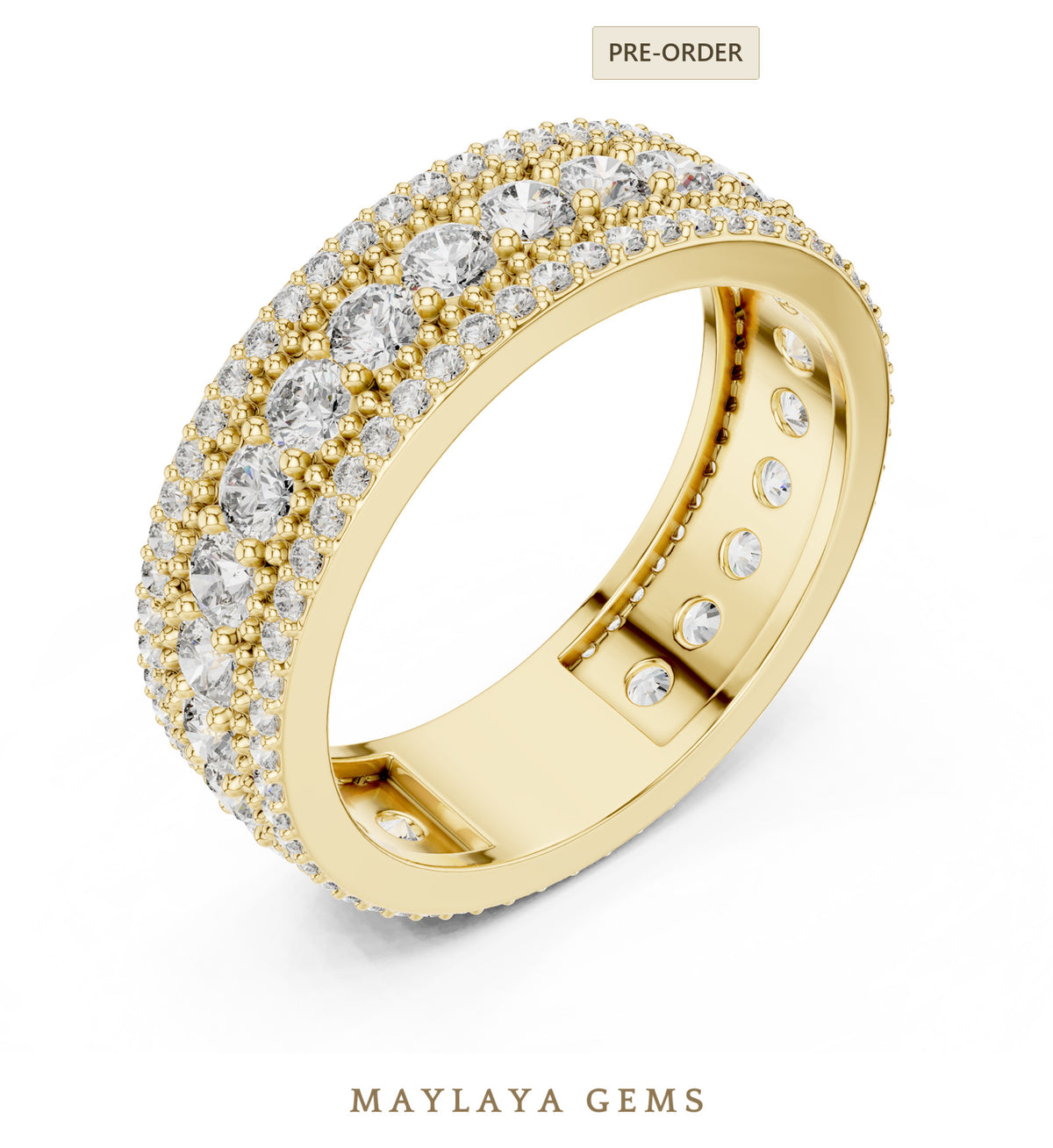 Maylaya gems round pave border eternity band lab grown diamond band in yellow gold
