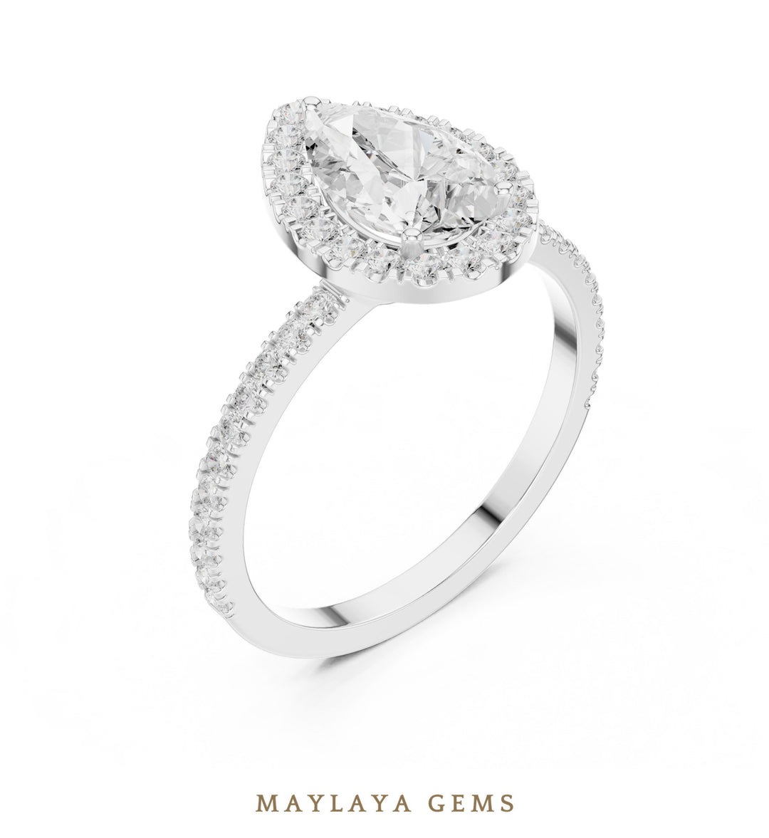 Maylaya Gems pear halo pavé lab-grown diamond ring in white gold