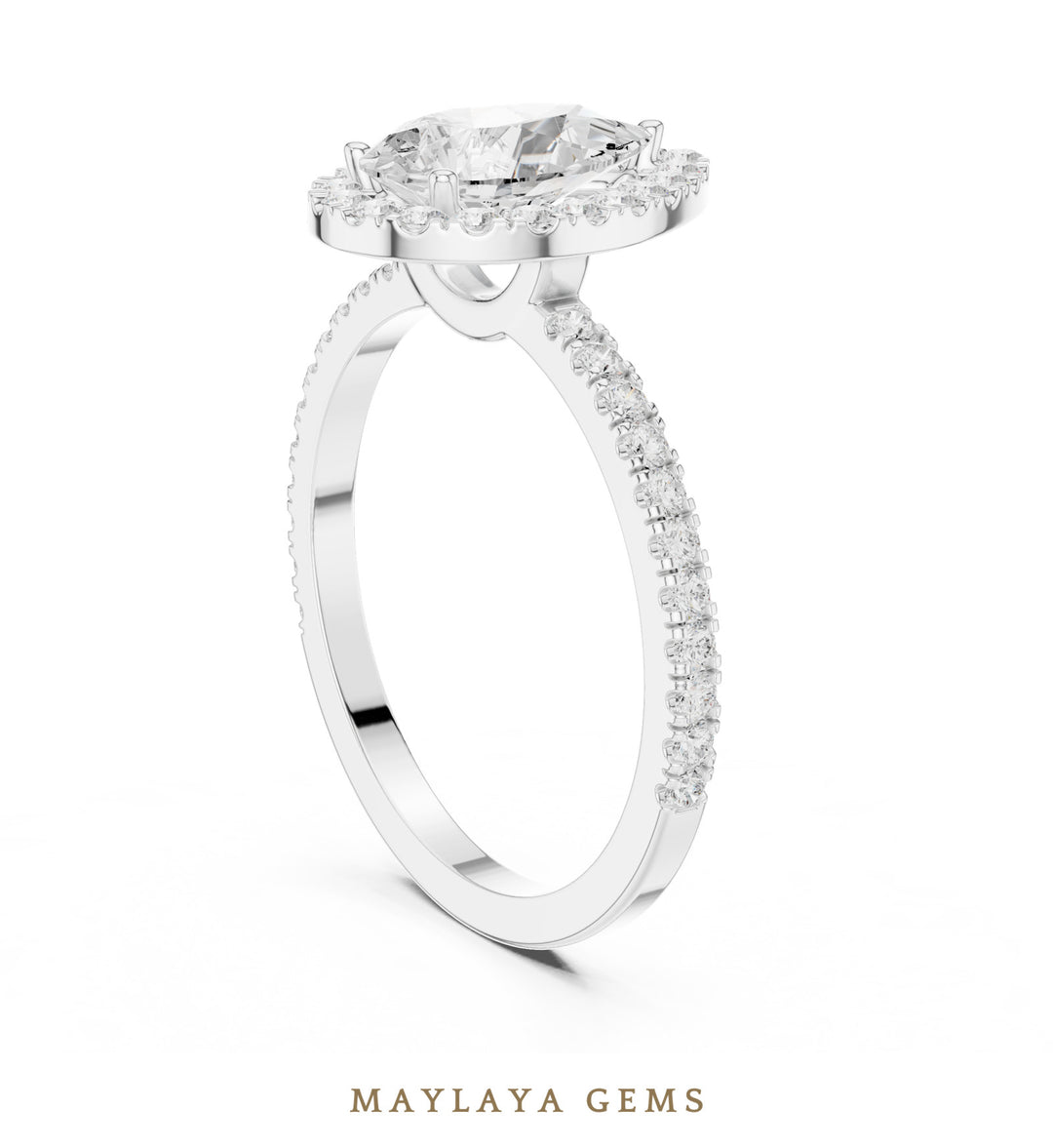 Maylaya Gems pear halo pavé lab-grown diamond ring in white gold