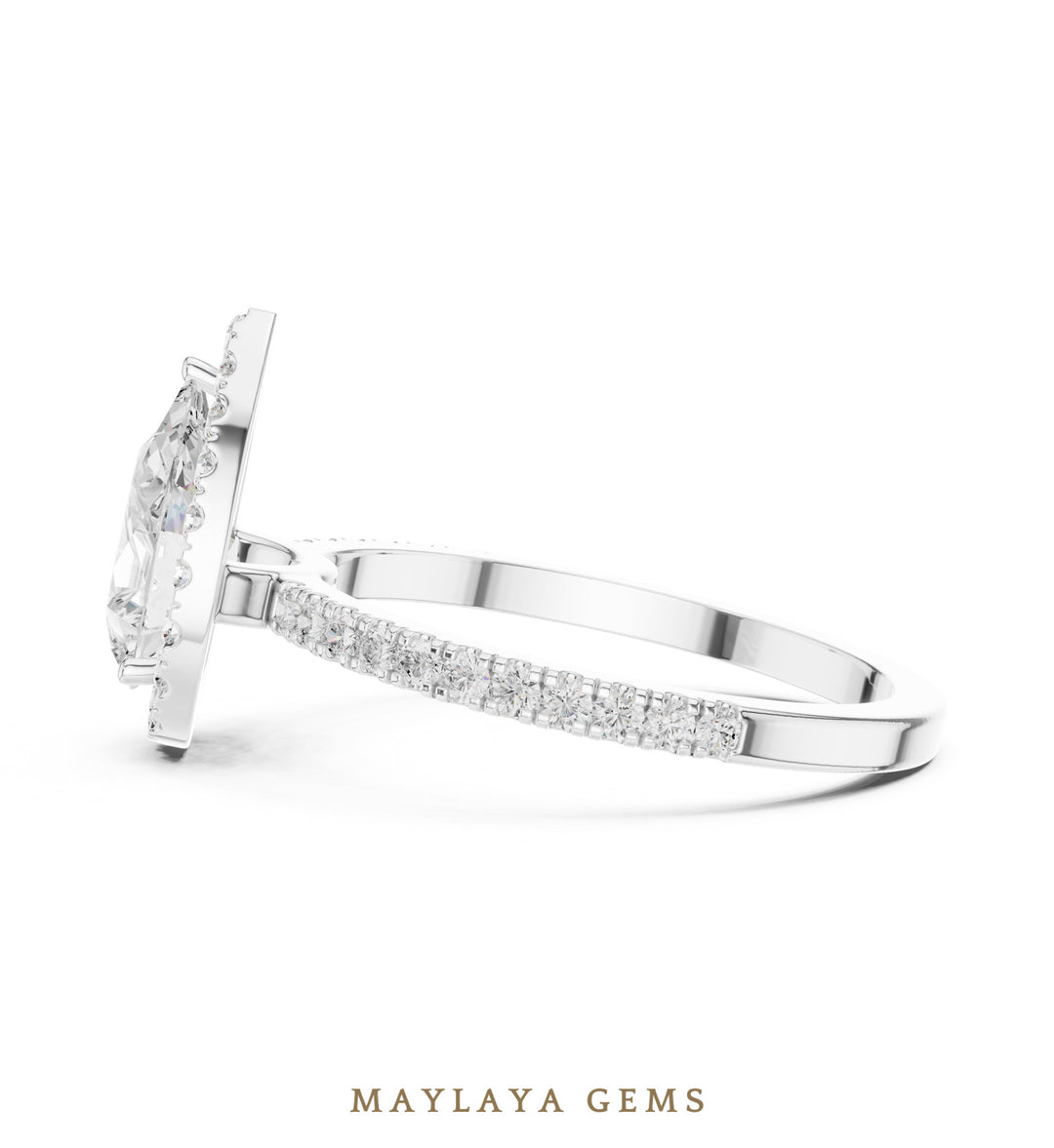 Maylaya Gems pear halo pavé lab-grown diamond ring in white gold