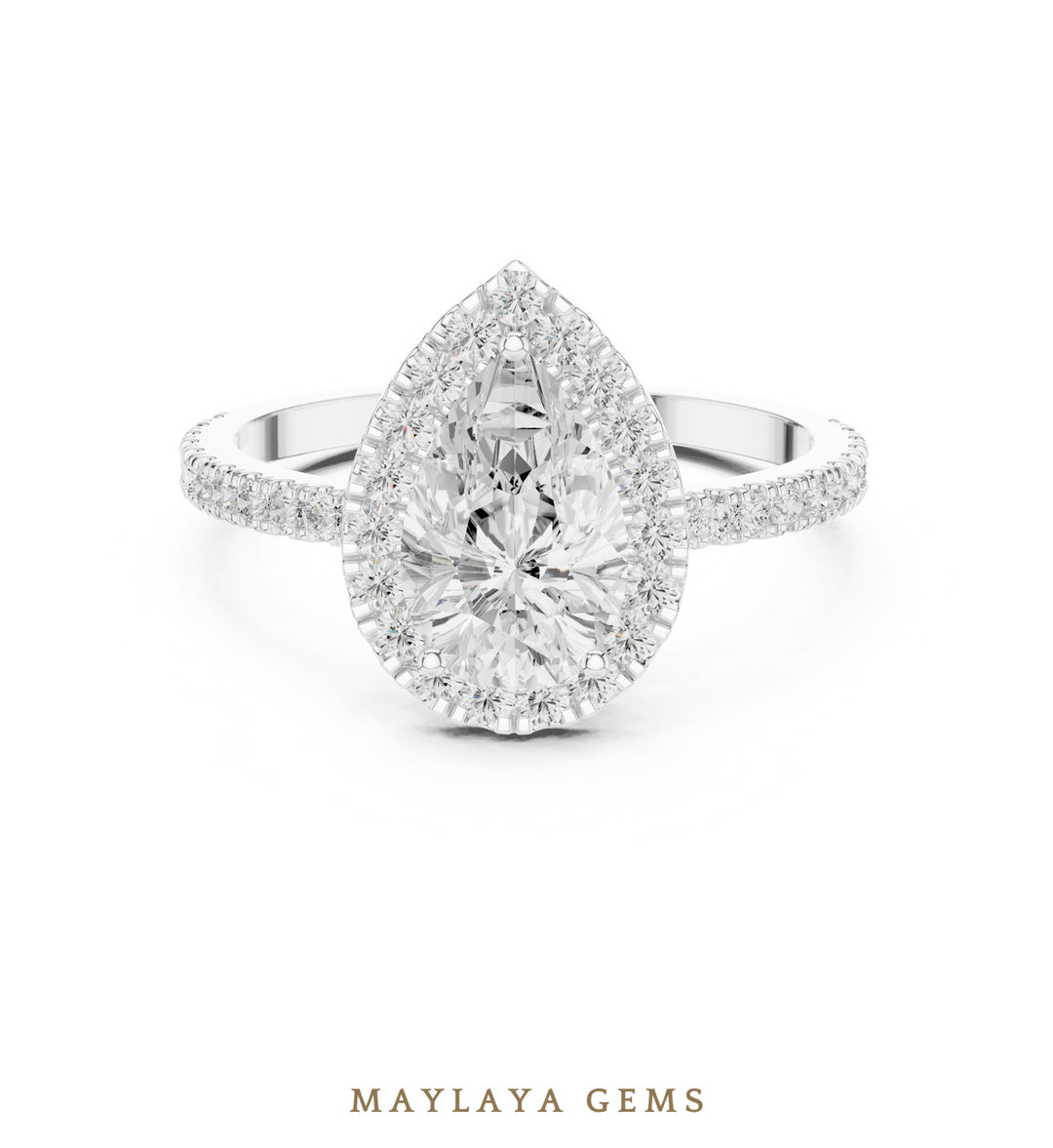 Maylaya Gems pear halo pavé lab-grown diamond ring in white gold