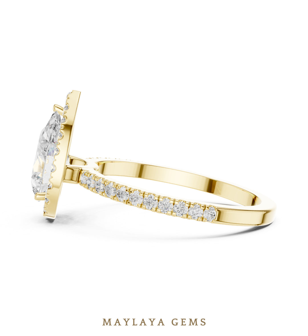 Maylaya Gems pear halo pavé lab-grown diamond ring in yellow gold