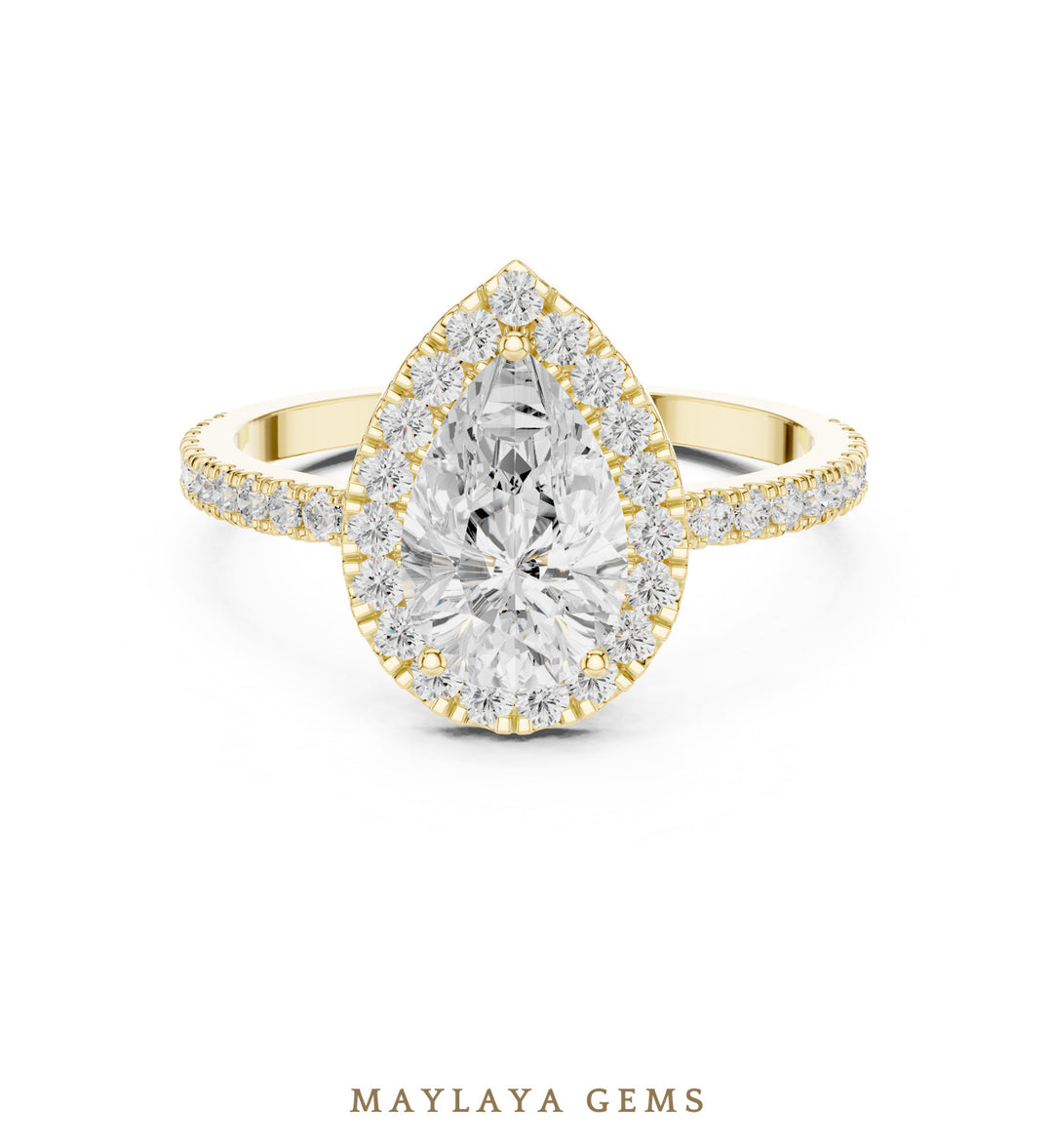 Maylaya Gems pear halo pavé lab-grown diamond ring in yellow gold