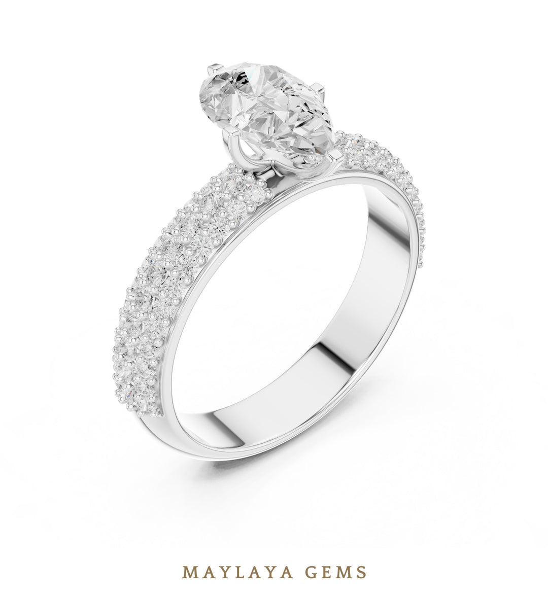 Maylaya Gems pear three-row pavé lab-grown diamond ring in white gold