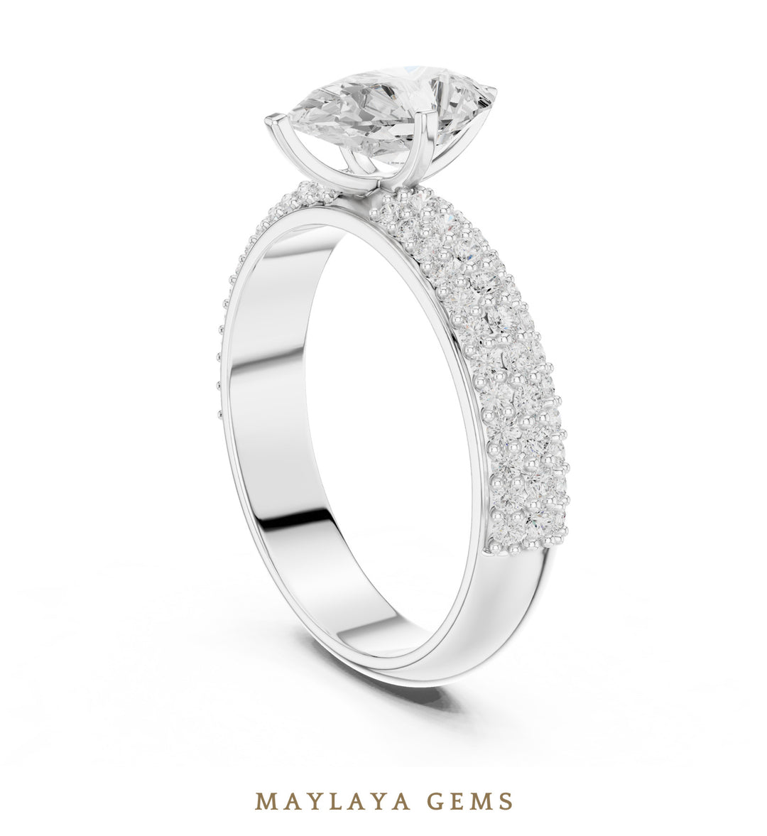 Maylaya Gems pear three-row pavé lab-grown diamond ring in white gold