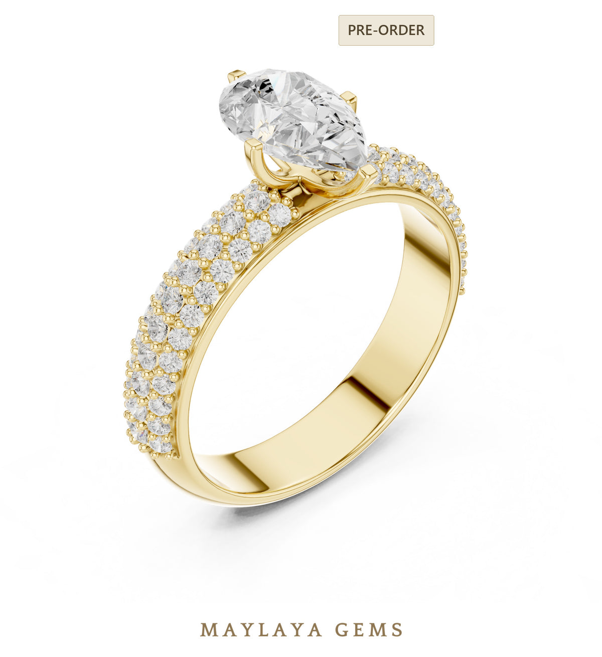 Maylaya gems pear three row pavé lab grown diamond ring in yellow gold