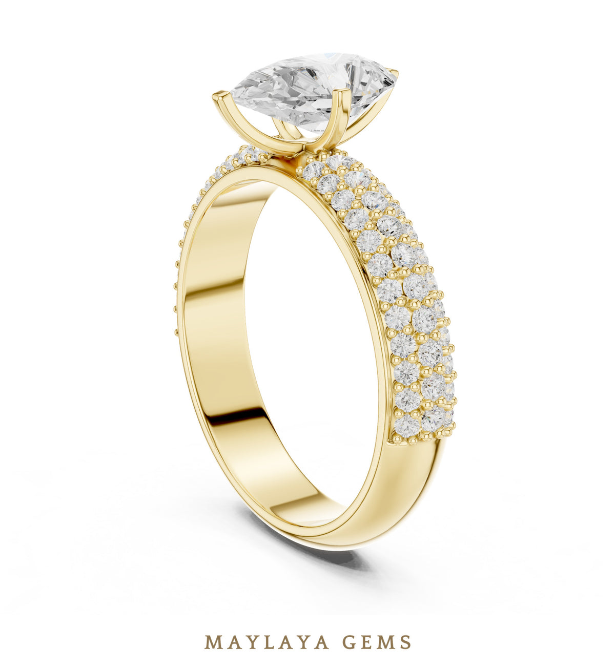Maylaya gems pear three row pavé lab grown diamond ring in yellow gold