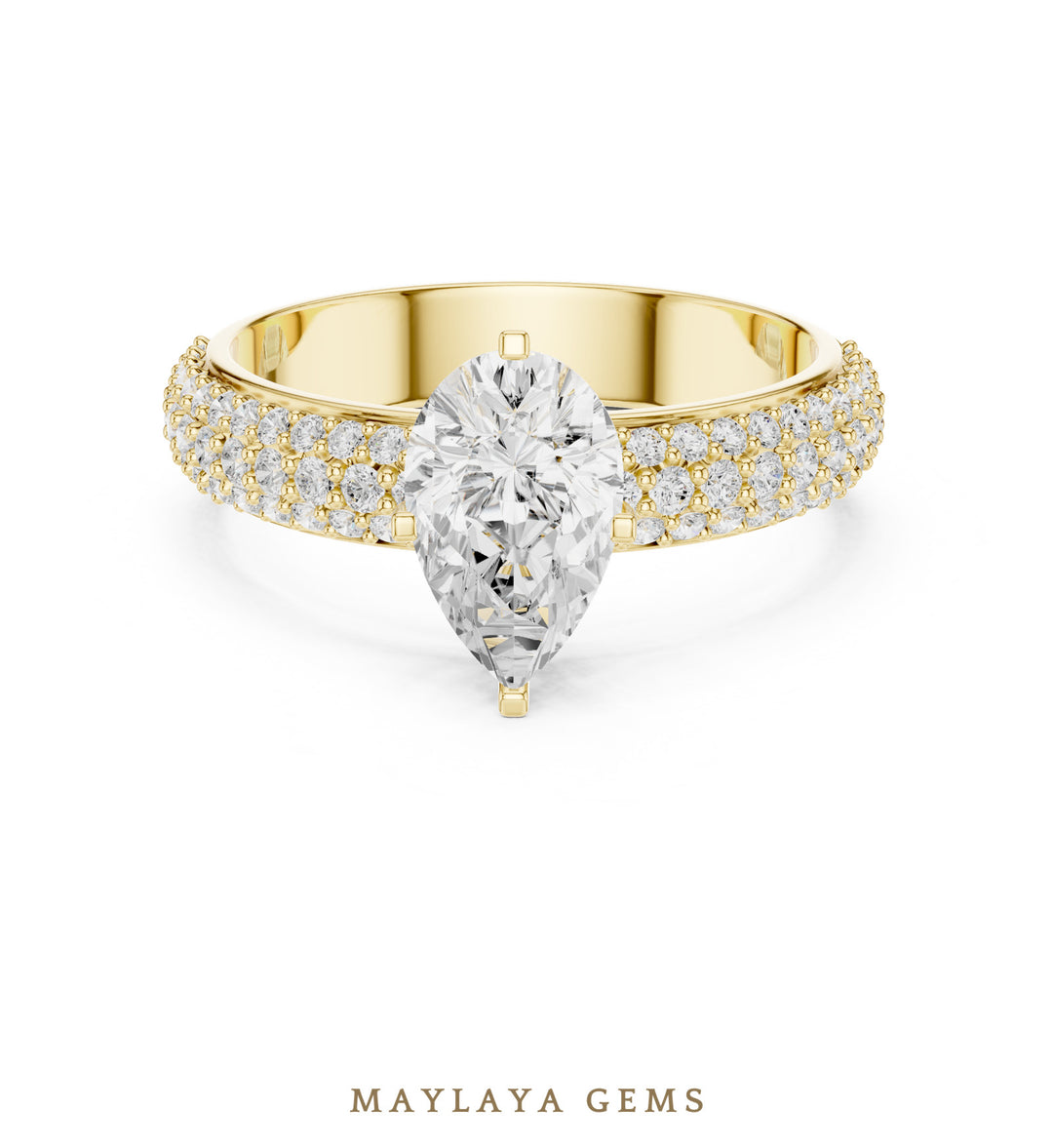 Maylaya Gems pear three-row pavé lab-grown diamond ring in yellow gold