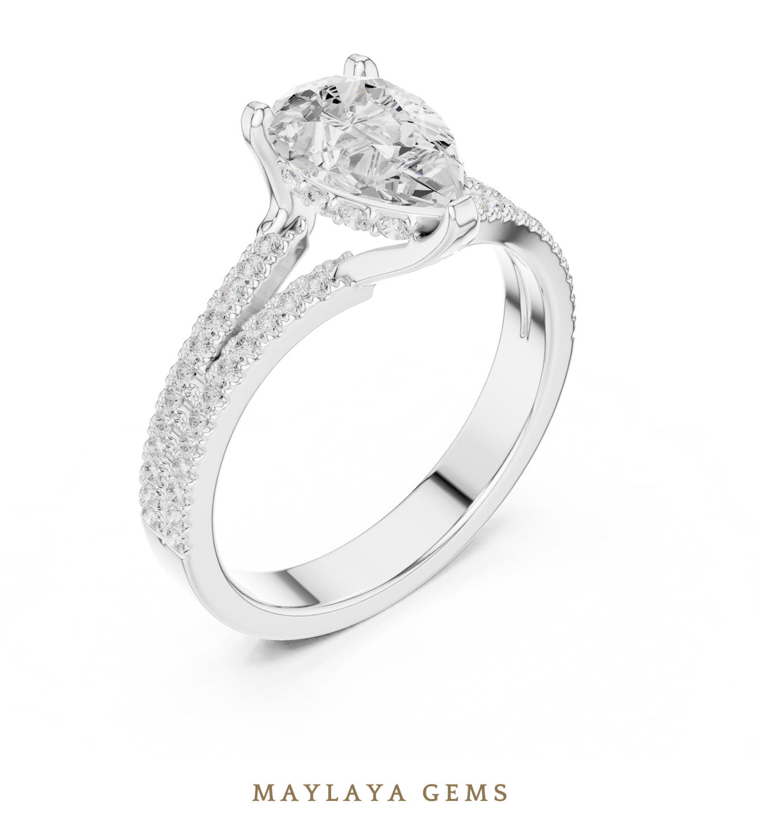Maylaya Gems pear hidden halo split pavé lab-grown diamond ring in white gold