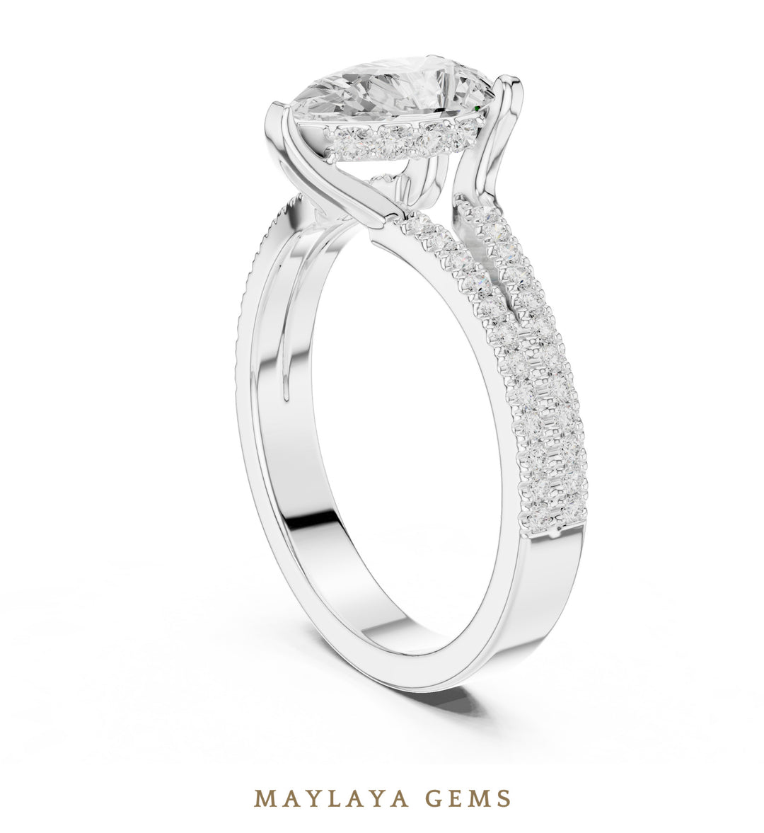 Maylaya Gems pear hidden halo split pavé lab-grown diamond ring in white gold
