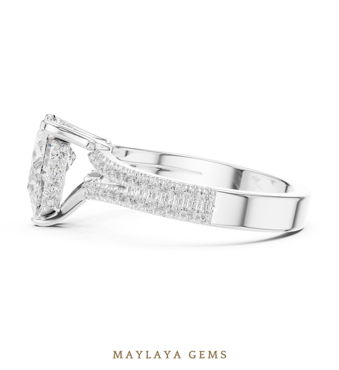 Maylaya Gems pear hidden halo split pavé lab-grown diamond ring in white gold