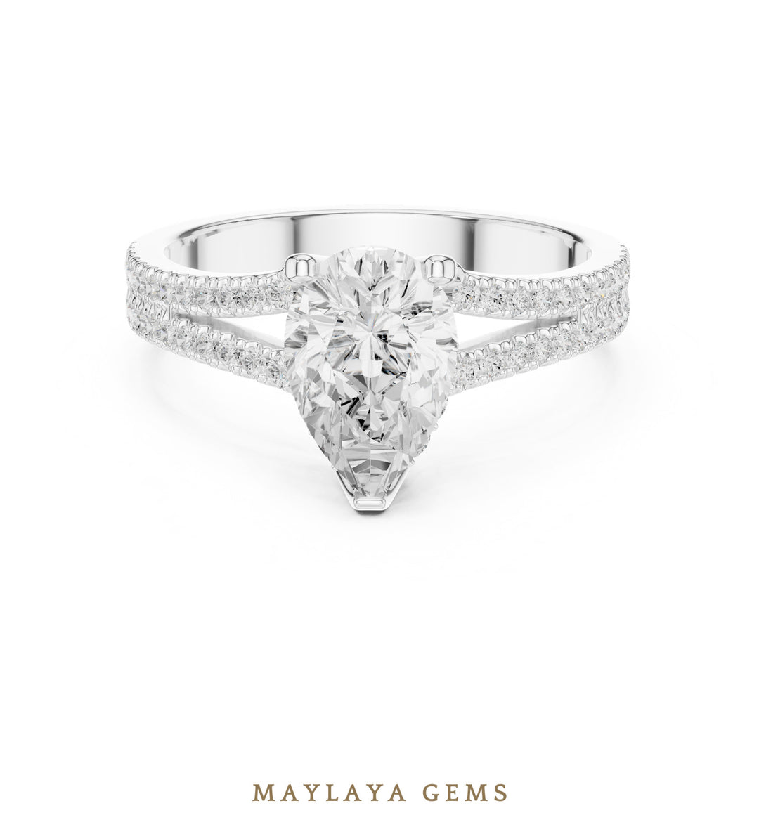 Maylaya Gems pear hidden halo split pavé lab-grown diamond ring in white gold