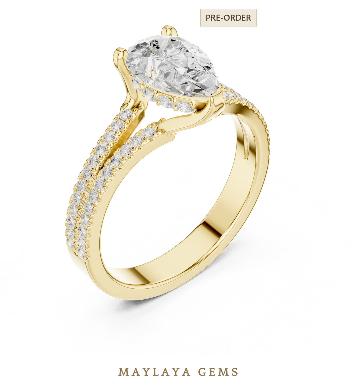 Maylaya gems pear hidden halo split pavé lab grown diamond ring in yellow gold