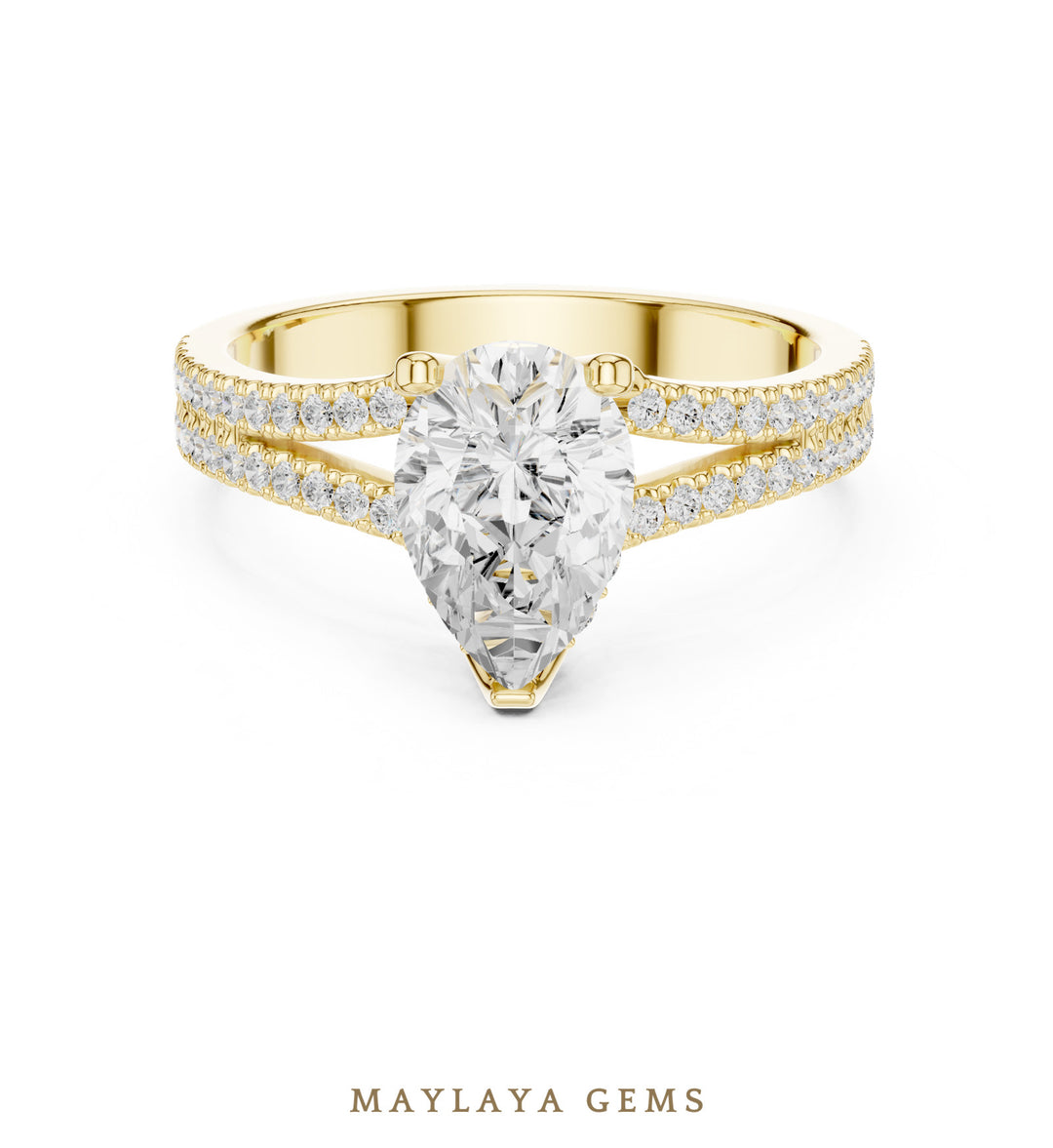Maylaya Gems pear hidden halo split pavé lab-grown diamond ring in yellow gold