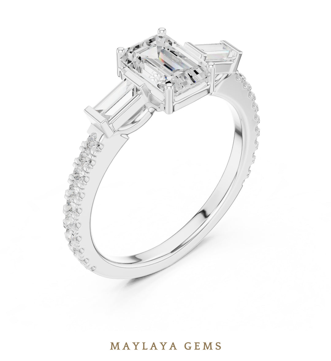 Maylaya Gems emerald baguette trilogy pavé lab-grown diamond ring in white gold