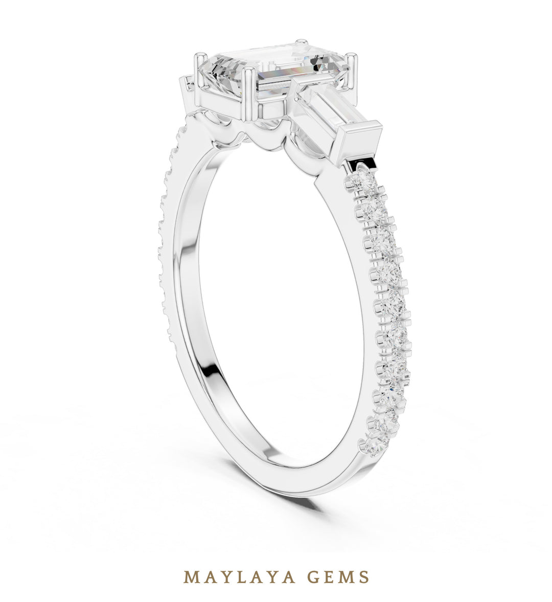 Maylaya Gems emerald baguette trilogy pavé lab-grown diamond ring in white gold