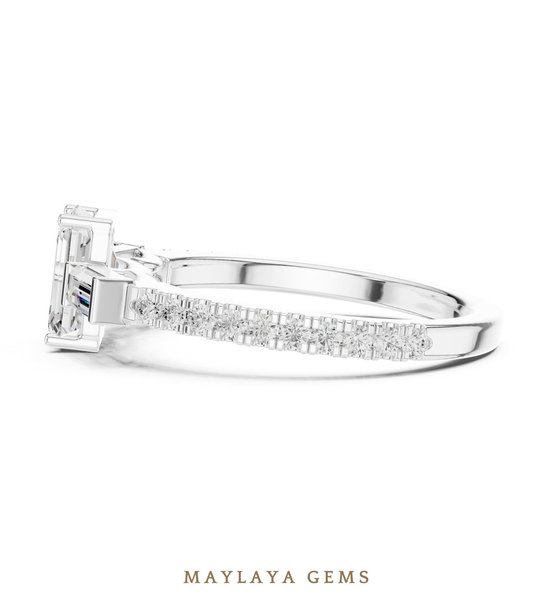 Maylaya Gems emerald baguette trilogy pavé lab-grown diamond ring in white gold