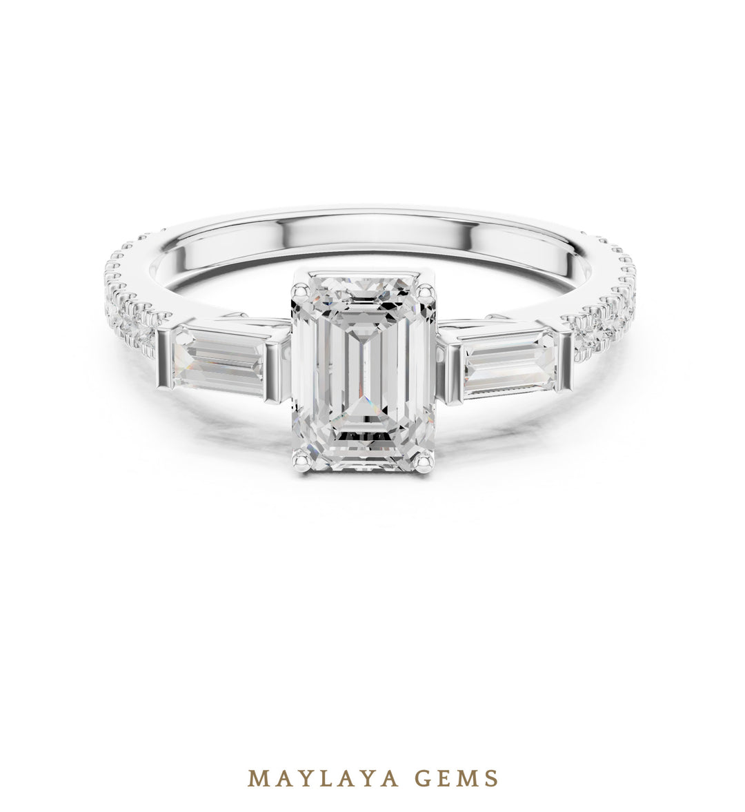 Maylaya Gems emerald baguette trilogy pavé lab-grown diamond ring in white gold