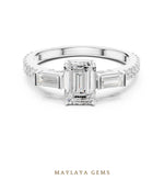 Load image into Gallery viewer, Maylaya Gems emerald baguette trilogy pavé lab-grown diamond ring in white gold
