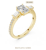 Load image into Gallery viewer, Maylaya Gems emerald baguette trilogy pavé lab-grown diamond ring in yellow gold
