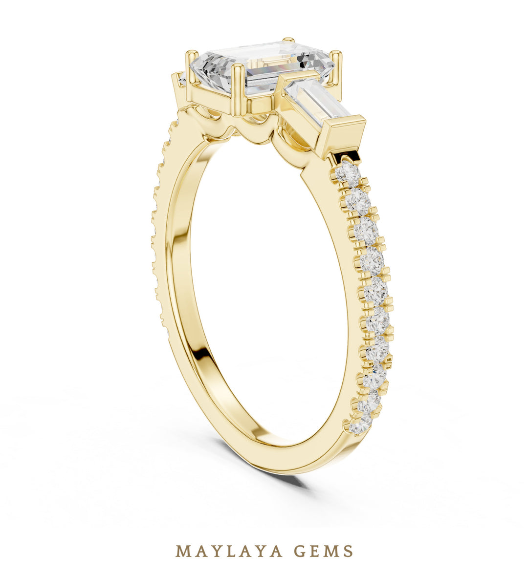 Maylaya Gems emerald baguette trilogy pavé lab-grown diamond ring in yellow gold