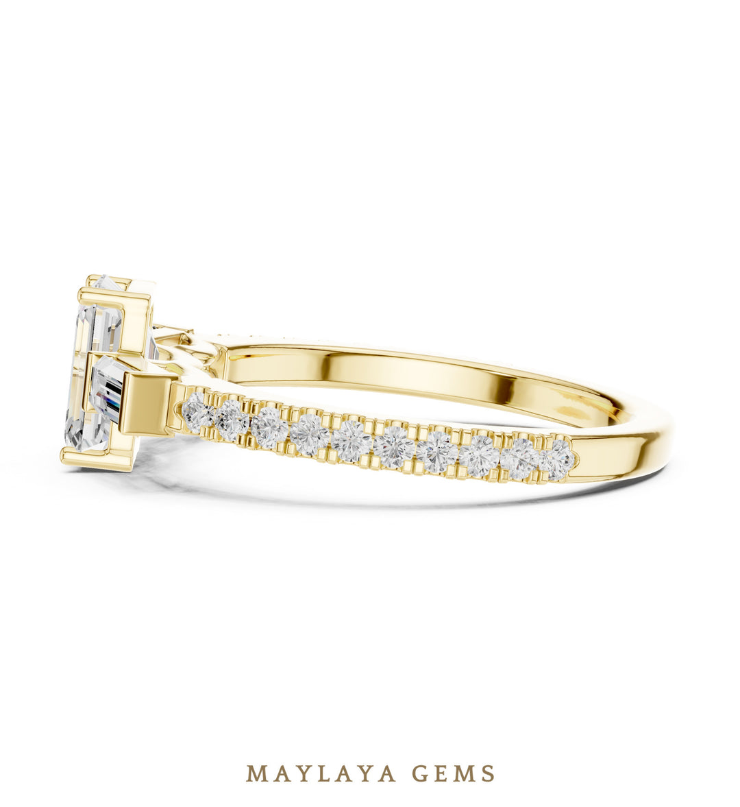 Maylaya Gems emerald baguette trilogy pavé lab-grown diamond ring in yellow gold