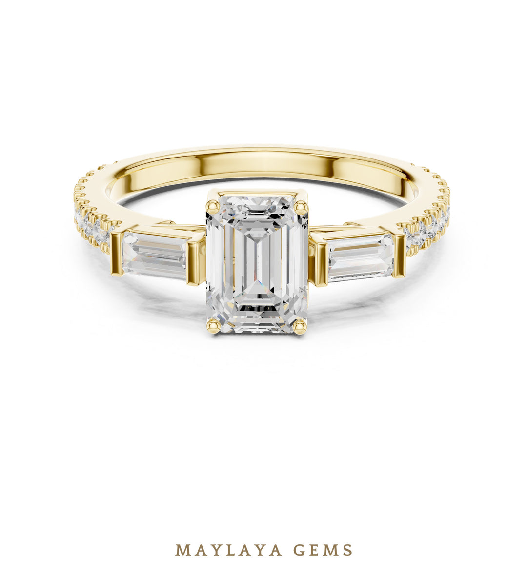 Maylaya Gems emerald baguette trilogy pavé lab-grown diamond ring in yellow gold