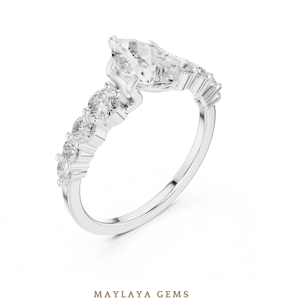 Maylaya Gems pear graduated round side-stone lab-grown diamond ring in white gold