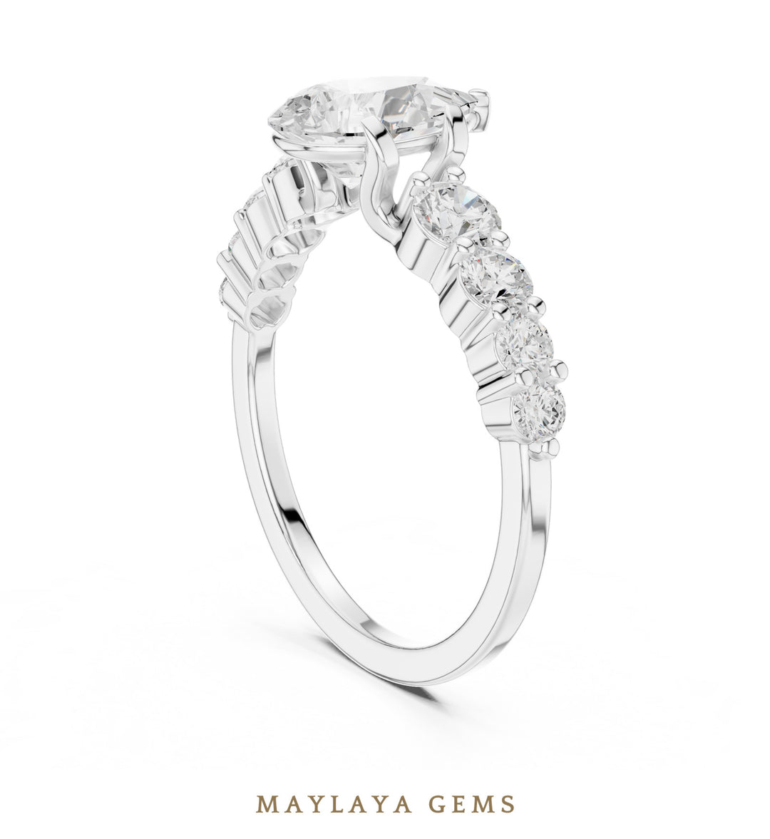 Maylaya Gems pear graduated round side-stone lab-grown diamond ring in white gold