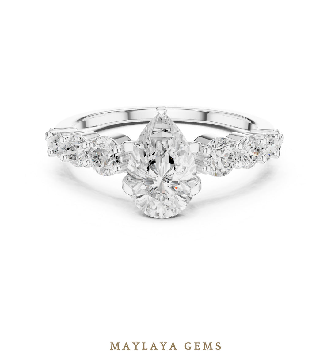 Maylaya Gems pear graduated round side-stone lab-grown diamond ring in white gold