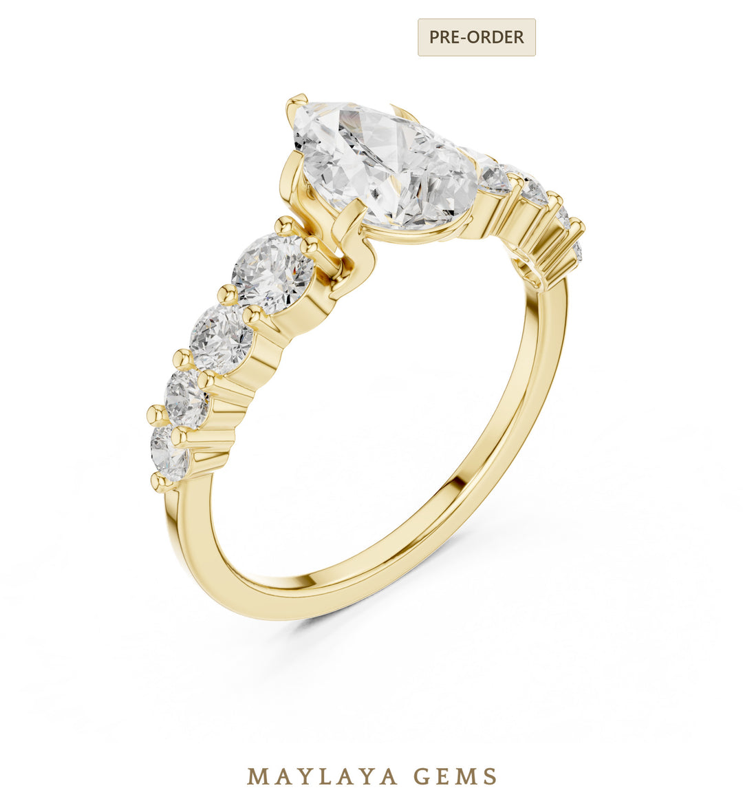 Maylaya Gems pear graduated round side-stone lab-grown diamond ring in yellow gold