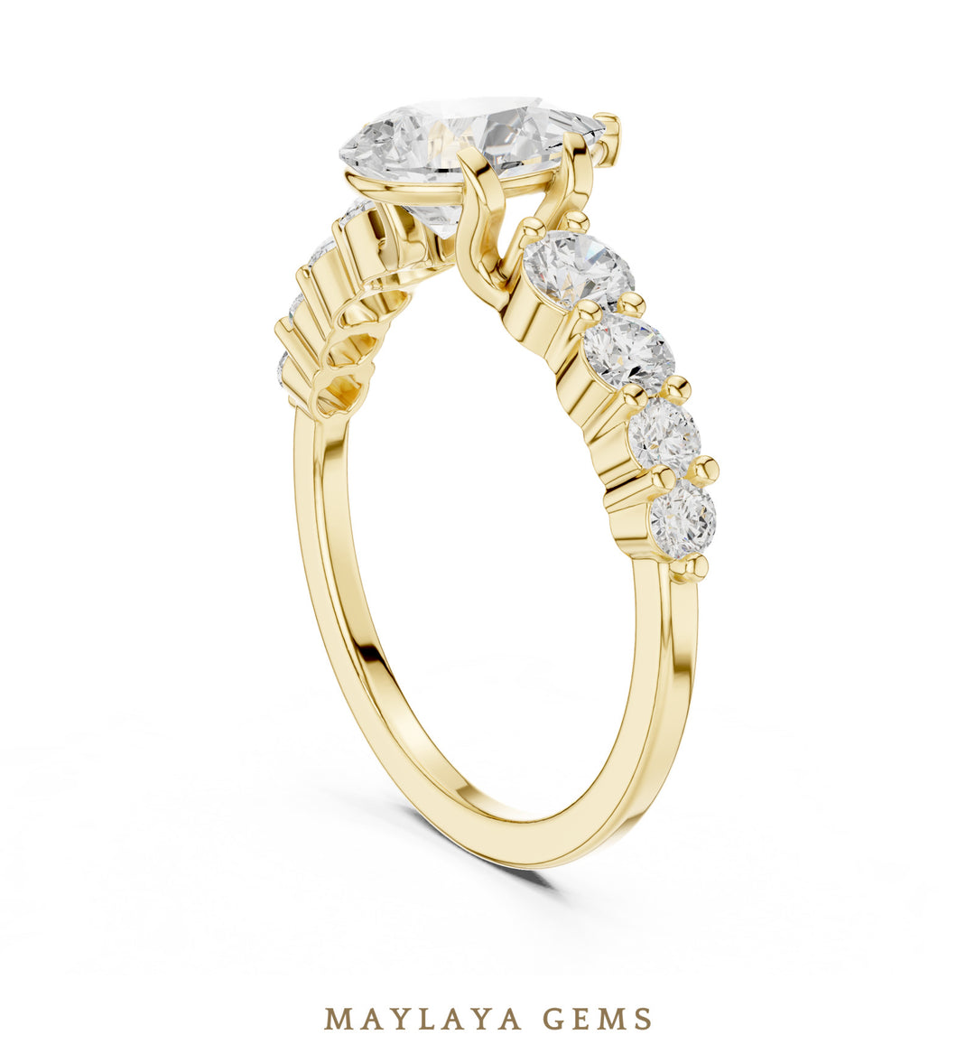 Maylaya Gems pear graduated round side-stone lab-grown diamond ring in yellow gold
