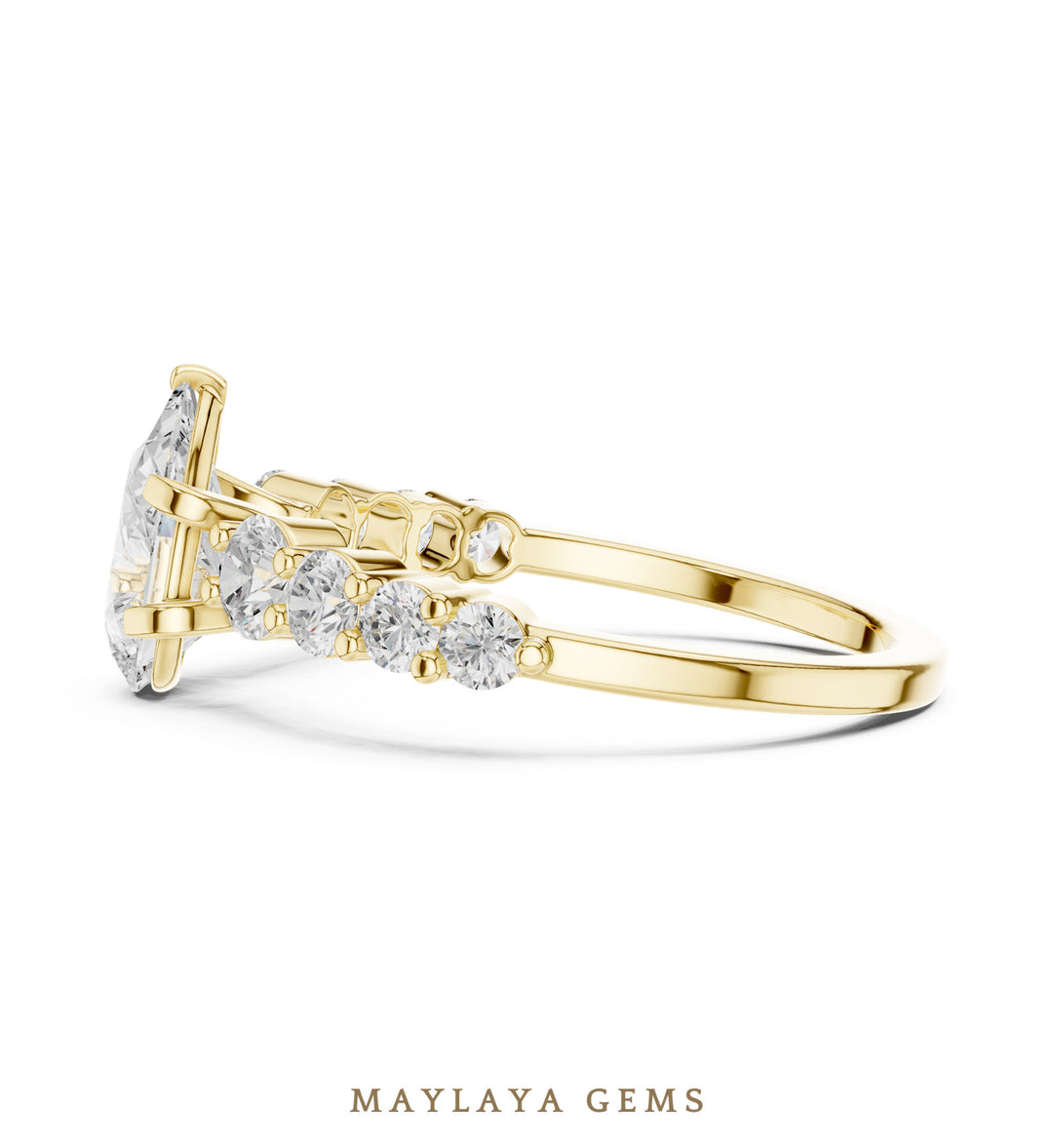 Maylaya Gems pear graduated round side-stone lab-grown diamond ring in yellow gold