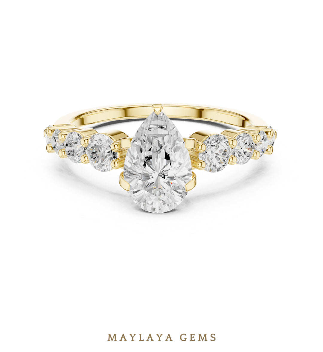 Maylaya Gems pear graduated round side-stone lab-grown diamond ring in yellow gold