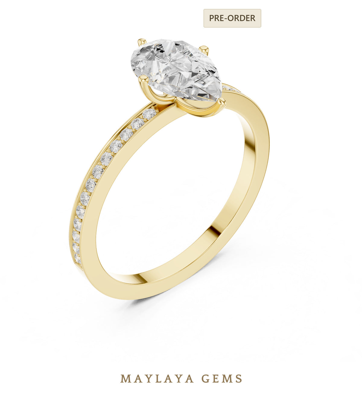 Maylaya gems pear fine pavé lab grown diamond ring in yellow gold