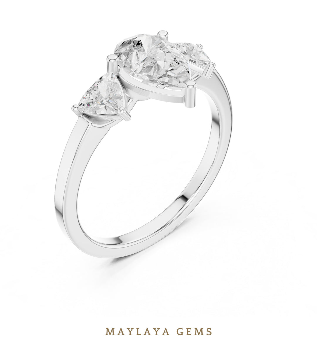 Maylaya Gems pear curved trillion trilogy lab-grown diamond ring in white gold