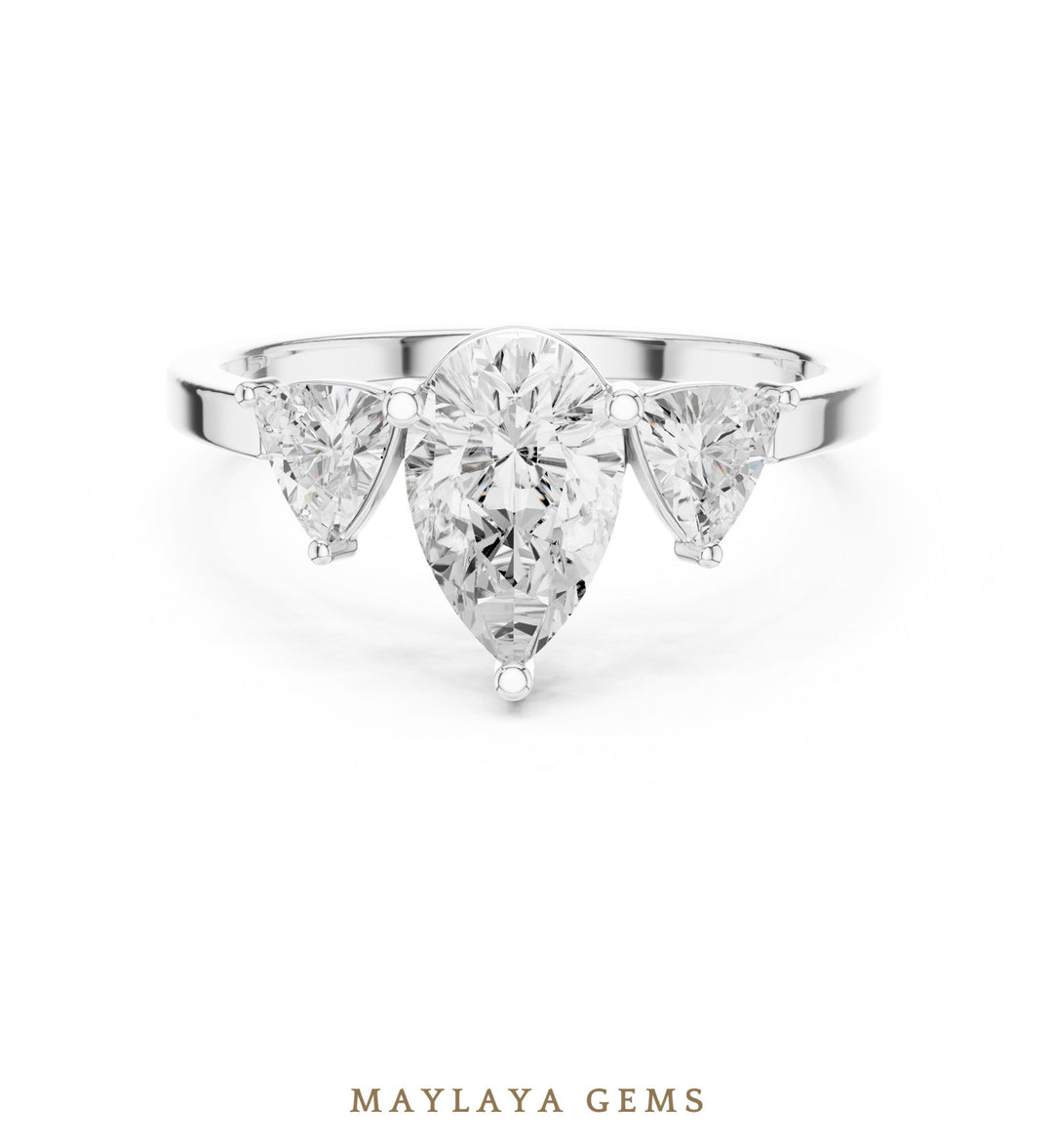 Maylaya Gems pear curved trillion trilogy lab-grown diamond ring in white gold