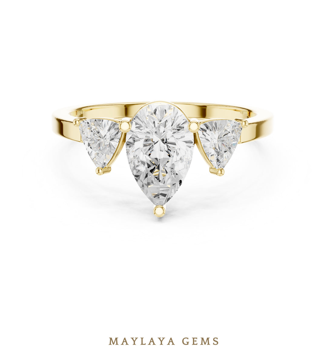Maylaya Gems pear curved trillion trilogy lab-grown diamond ring in yellow gold