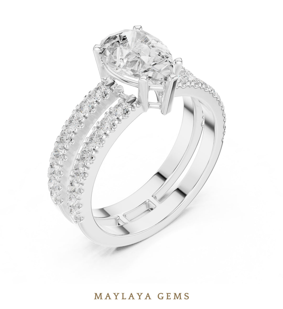 Maylaya Gems pear double-rail pavé lab-grown diamond ring in white gold