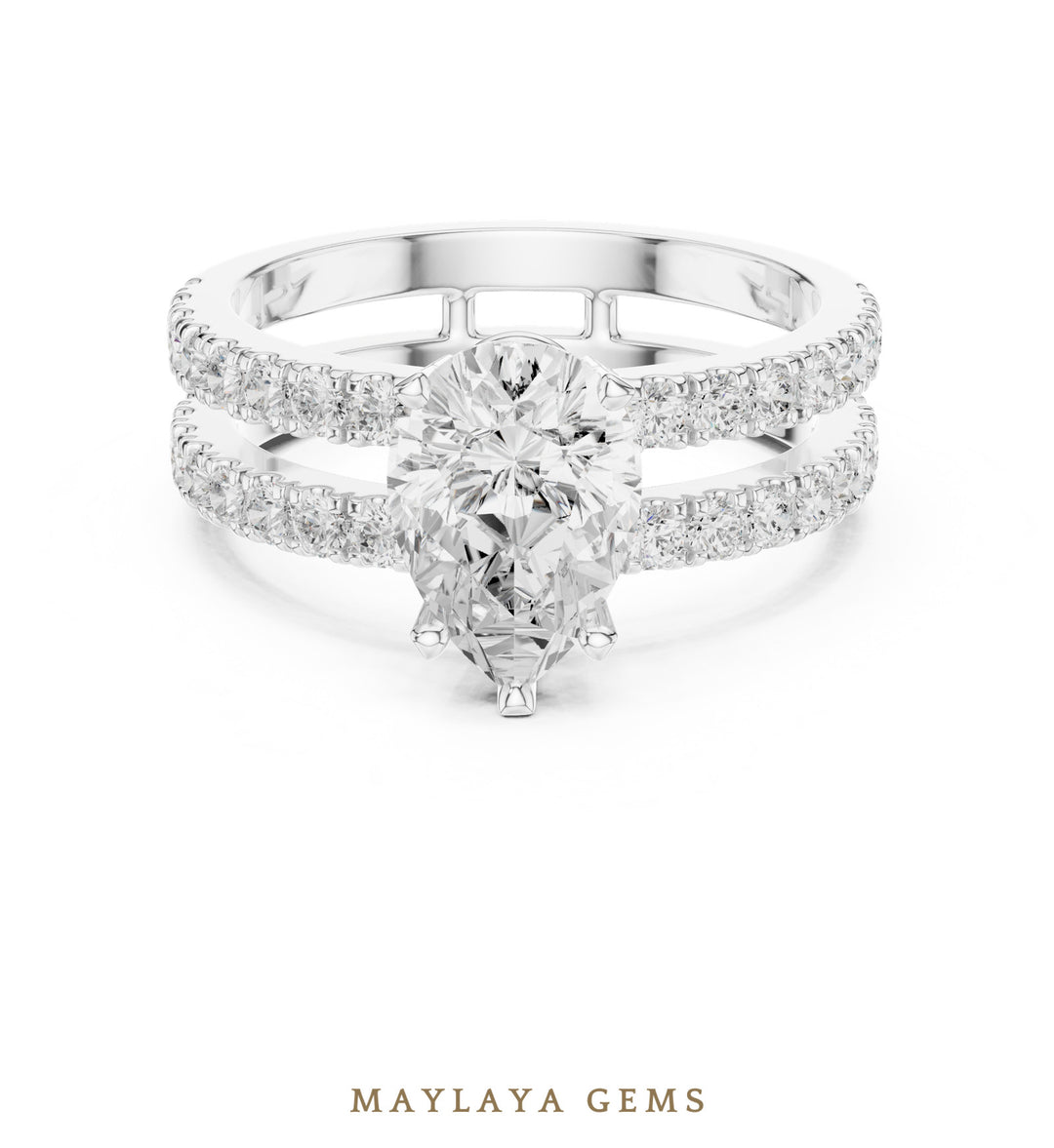 Maylaya Gems pear double-rail pavé lab-grown diamond ring in white gold