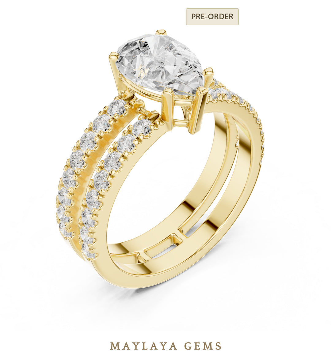 Maylaya Gems pear double-rail pavé lab-grown diamond ring in yellow gold
