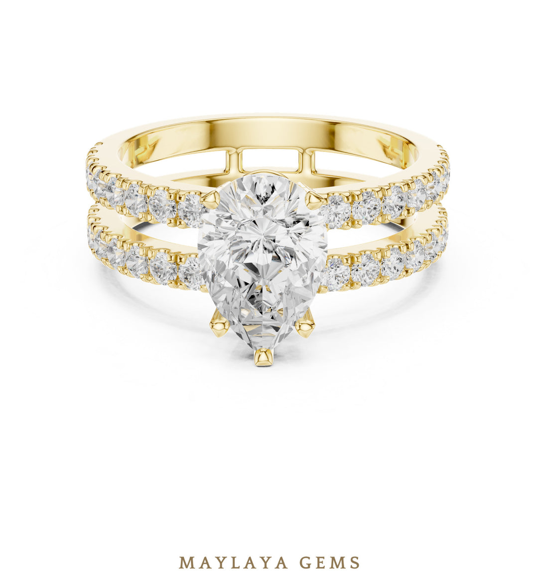 Maylaya Gems pear double-rail pavé lab-grown diamond ring in yellow gold