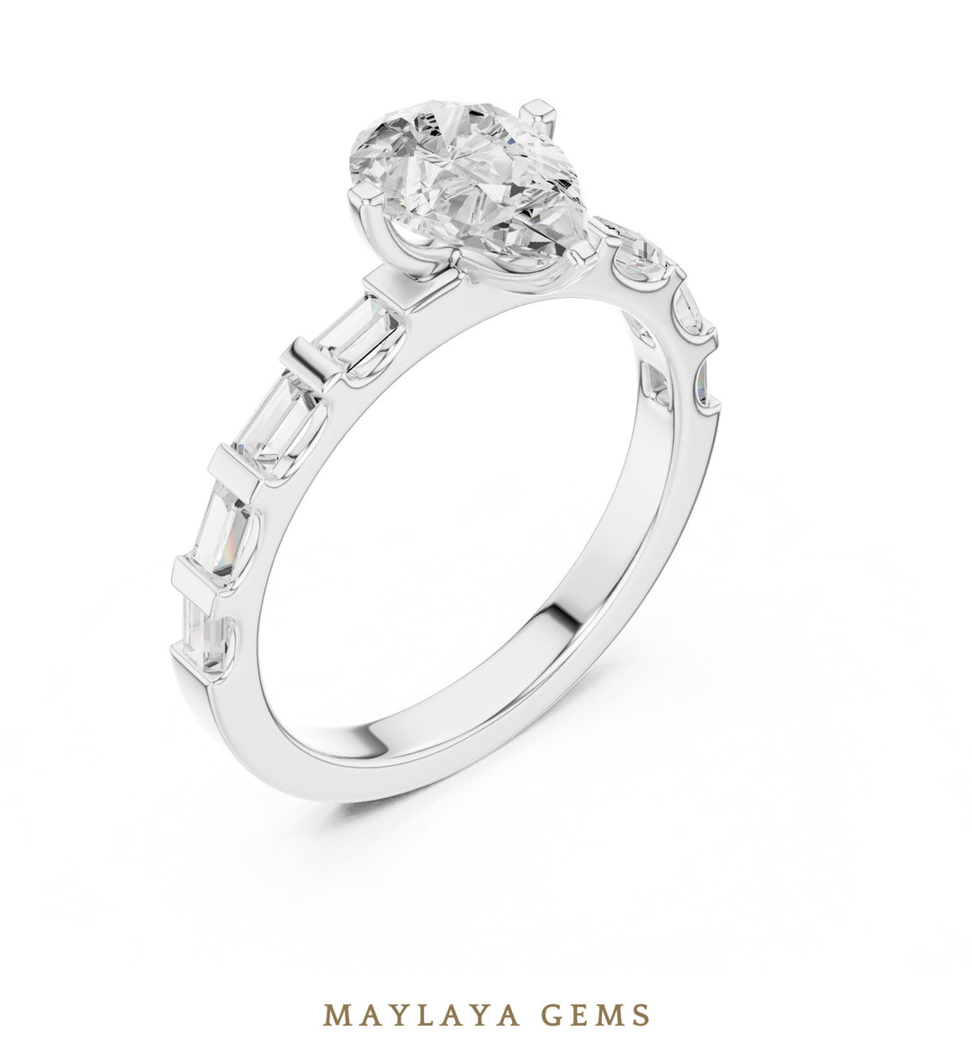Maylaya Gems pear baguette side-stone lab-grown diamond ring in white gold
