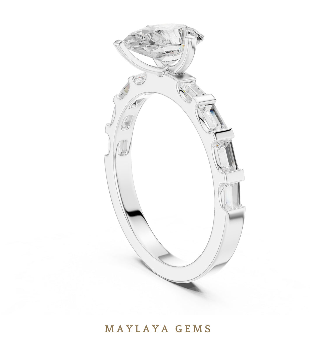 Maylaya Gems pear baguette side-stone lab-grown diamond ring in white gold